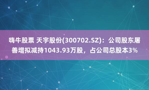 嗨牛股票 天宇股份(300702.SZ)：公司股东屠善增拟减持1043.93万股，占公司总股本3%